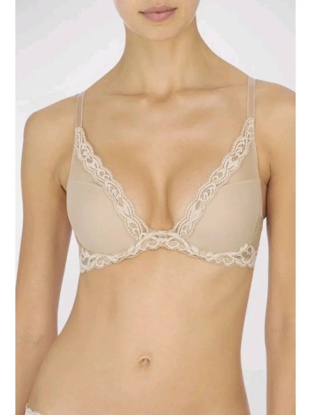 Natori Feather Contour Plunge Bra Lace Trim Nude 36 D NWT